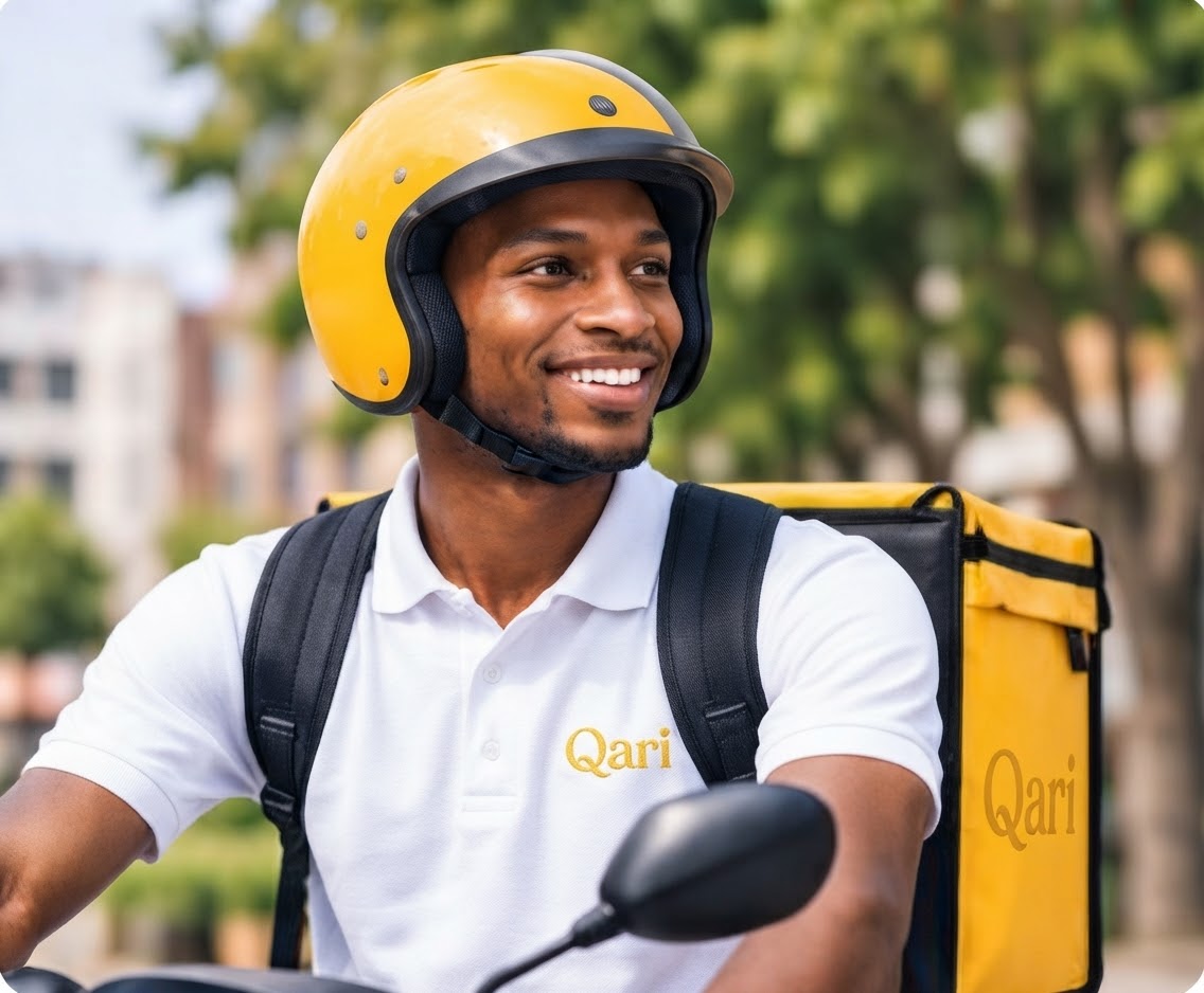 Qari rider in uniform with a yellow helmet and delivery backpack